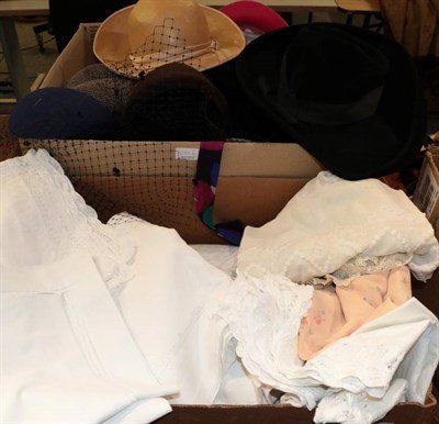 Lot 1077 - Assorted 20th century ladies hats including a circa 1920s white cotton drop waist wedding dress...