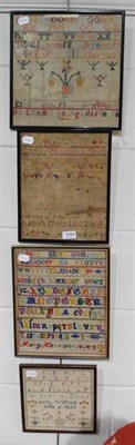 Lot 1084 - Four 19th century alphabet samplers dated, 1812, 1829, 1876 and 1879