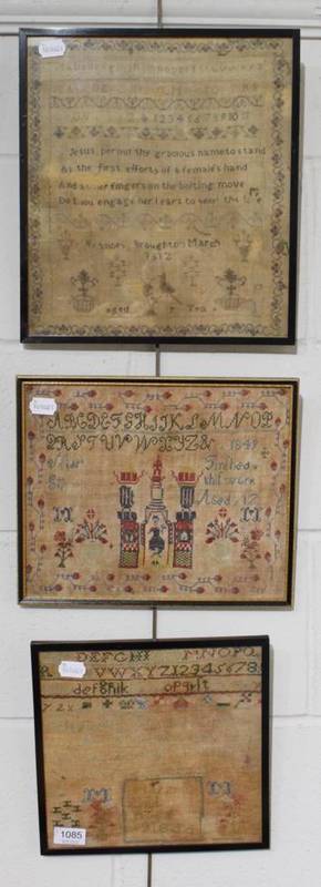 Lot 1085 - Three 19th century alphabet samplers dated, 1812, 1844 and 1849