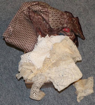 Lot 1087 - Large Paisley silk shawl (a.f.), assorted lace edgings, mounts etc (one box)