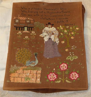 Lot 1093 - Unframed embroidery with verse, worked in coloured silks and gold thread with a lady in antique...