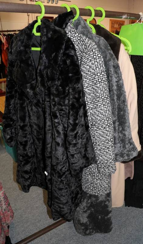 Lot 1098 - Damo Donna grey faux fur long coat (size 8), black long line faux fur jacket (size 12), Anne Brooks