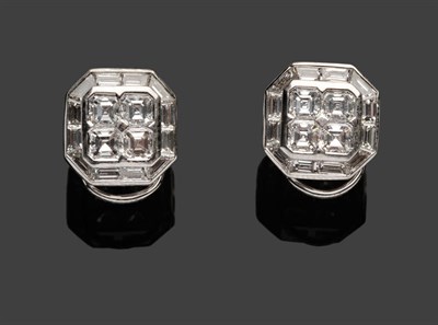 Lot 615 - A Pair of Diamond Cluster Earrings, a central cluster of asscher cut diamonds within a border...