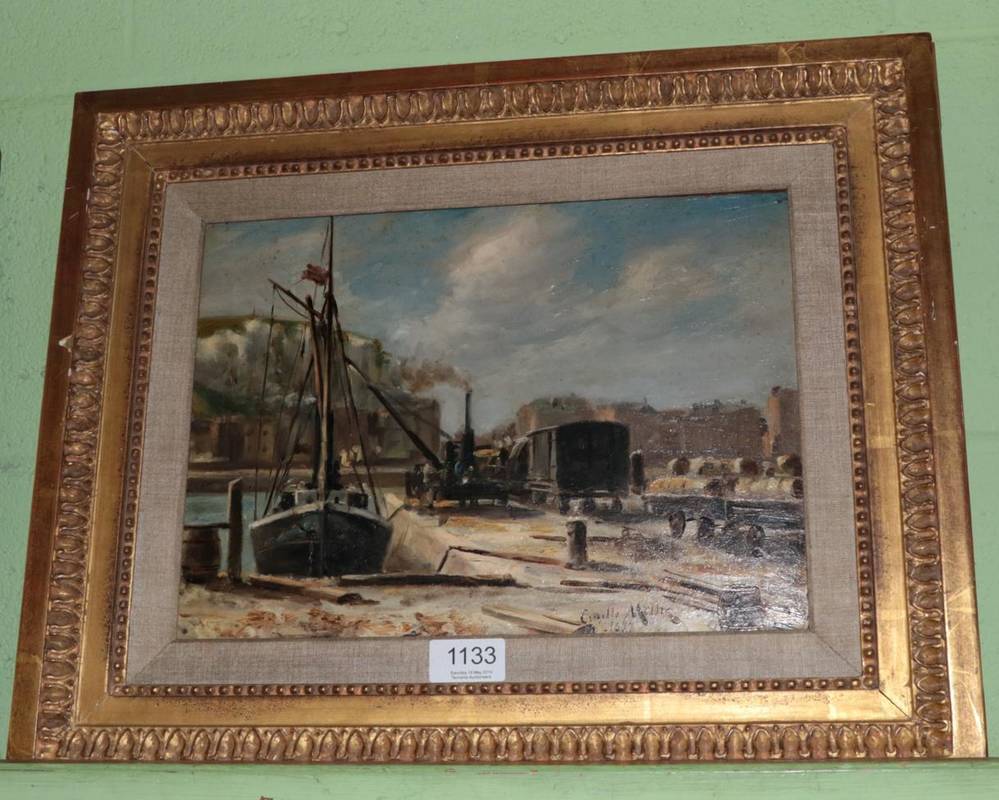 Lot 1133 - Ciquille Müller (19th century), Harbour scene with timber wagons, signed and dated 1877, oil...
