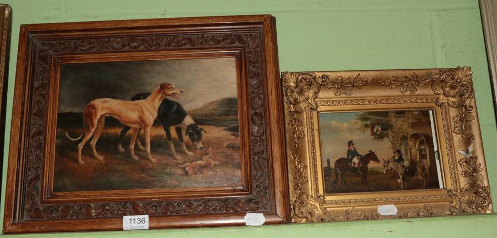 Lot 1136 - English School (18th century) Figures, horse & donkey outside cottage, oil on panel, 14cm by...