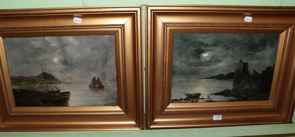 Lot 1140 - W Wilson, two moonlit coastal landscapes, oil on board, signed and dated 1915, a pair
