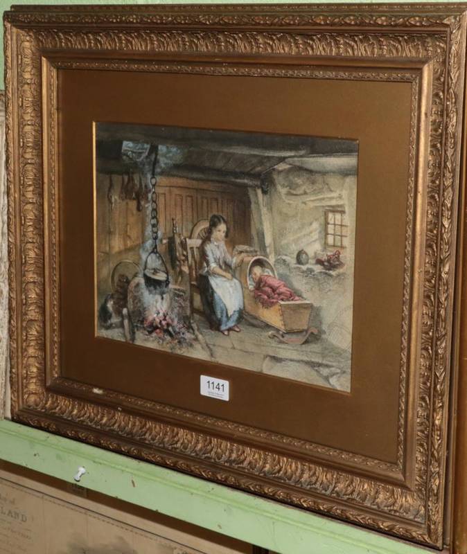 Lot 1141 - Manner of John D Michie, Cottage interior with cat and sleeping child, bears signature, pastel...