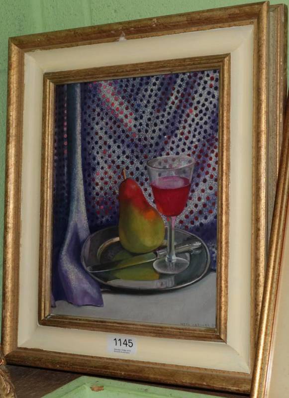 Lot 1145 - Peter Gardner, Still life of a pear and a glass of wine, signed, oil on board