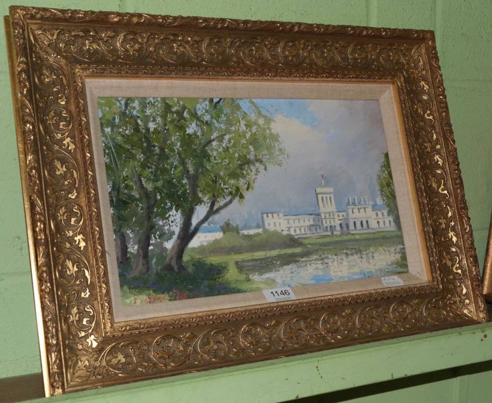 Lot 1146 - British School, 20th Century, ''The Foreign Office from St James' Park'' oil on board, indistinctly