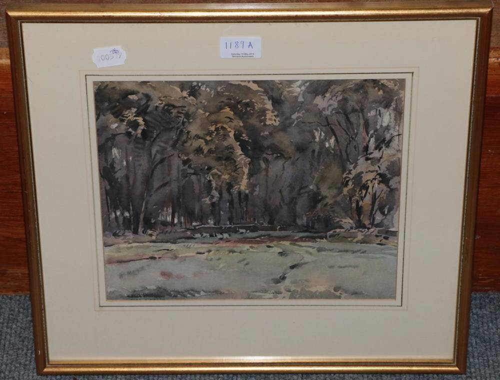 Lot 1189 - Fred Lawson (1888-1968) Woodland clearing, signed, watercolour, 24.5cm by 29cm
