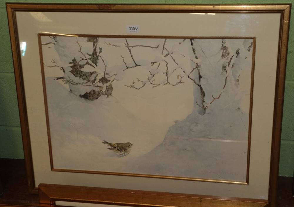 Lot 1190 - Jonathan Sainsbury (b.1951) Thrush in Snow, signed and dated (19)94, watercolour, 45cm by 63cm