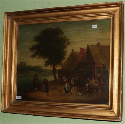 Lot 1204 - Dutch School (19th Century) Figures dancing and drinking outside a tavern, oil on panel,...