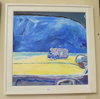 Lot 1223 - Malcolm Scott, ''Ice Cream Van through a Car Window'', signed, oil on board