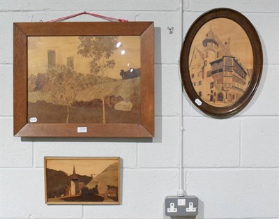 Lot 1227 - Charles Spindler (1865-1938) Marquetry panel depicting a castle, signed, with two others (3)