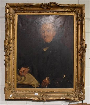 Lot 1228 - W Weir (19th Century), Portrait of a gentleman, half length, in a black coat, holding glasses,...