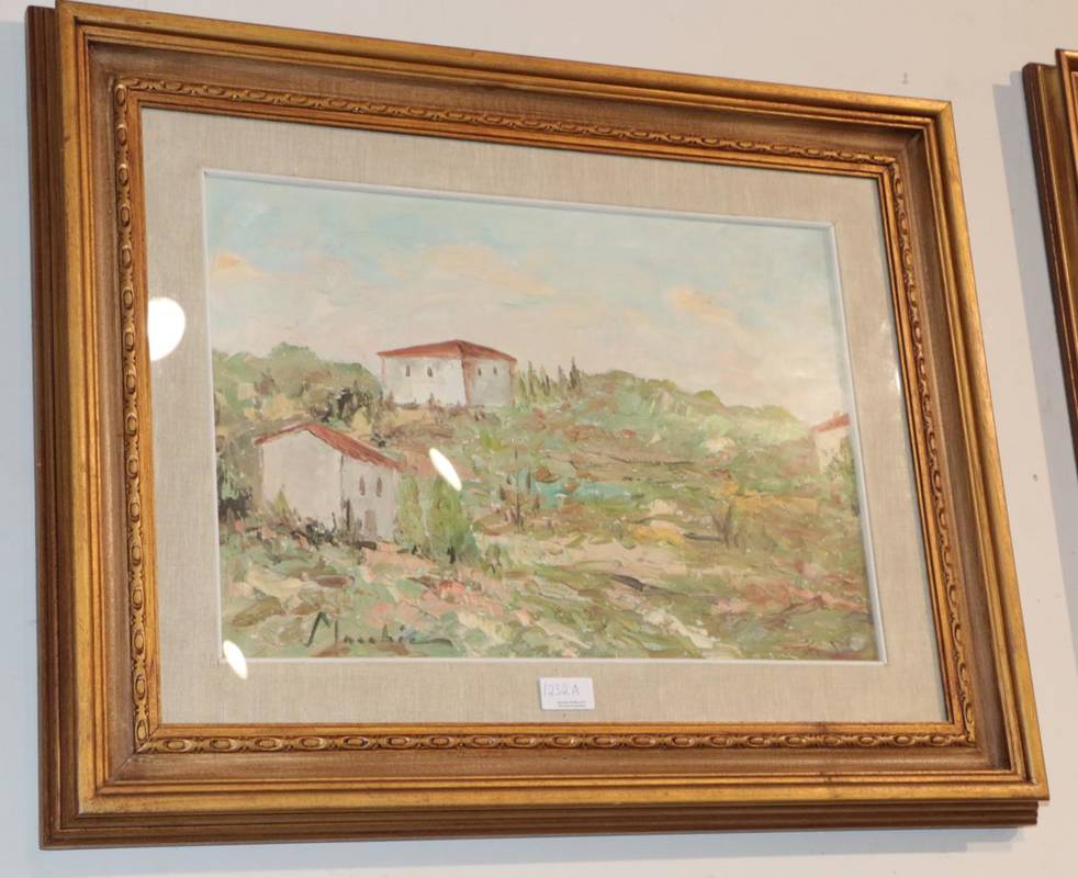 Lot 1232 - Italian School (20th century) Sun drenched Italian landscape with white washed farm houses,...