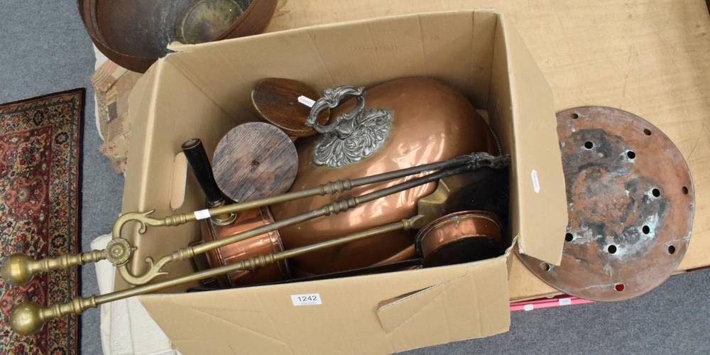Lot 1242 - A box of brass and copper wares to include a copper meat dome; fitre tools etc (14)