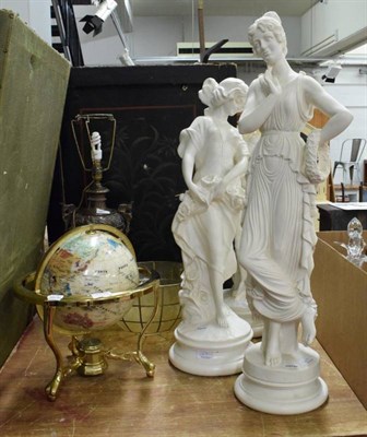 Lot 1248 - A modern globe on stand; a 20th century table lamp; and three reproduction classical figures
