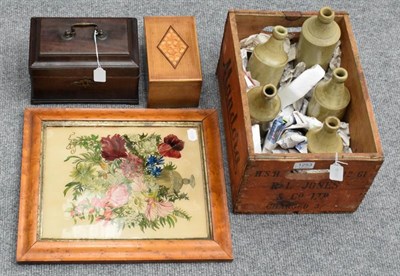 Lot 1253 - A George III tea caddy; a parquetry decorated caddy; a painting under glass; and five stoneware...