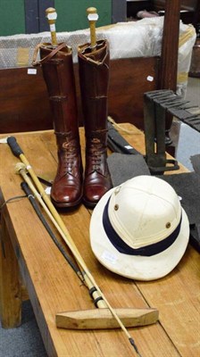 Lot 1278 - A pair of brown leather officers field boots with wooden trees; a polo stick; a Swaine & Adeney...