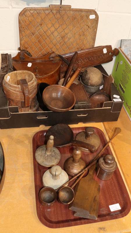 Lot 1291 - A group of 18th century and later treen including turned bowls and ladles, shortbread and...