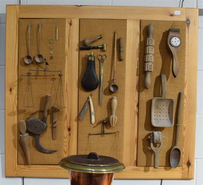 Lot 1297 - A group of early 18th century and later mostly treen kitchen and other implements including...