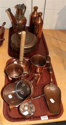 Lot 1301 - A collection of mostly 19th century copper ware etc including two flasks; three tankards;...