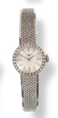 Lot 633 - A Lady's 18ct White Gold and Diamond Set Wristwatch, signed Longines, circa 1965, 17-jewel...