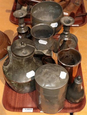 Lot 1303 - A collection of 18th/19th century pewter ware including a pair of candlesticks; two goblets etc (9)