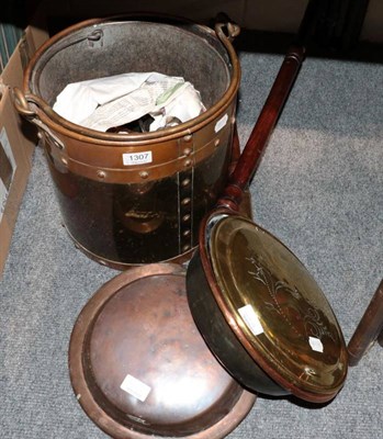 Lot 1307 - A copper swing handled coal bucket, two 19th century copper and brass bed warming pans etc