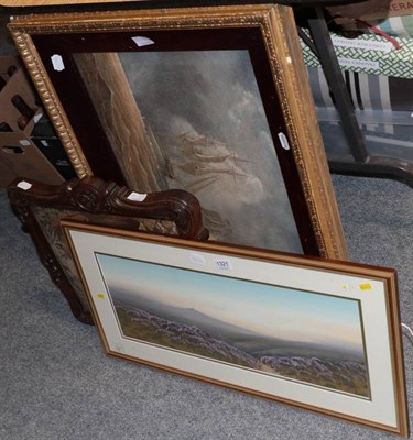 Lot 1321 - H Thompson, Dartmoor landscape, gouache, signed; a reproduction maritime oil; and a framed wool...