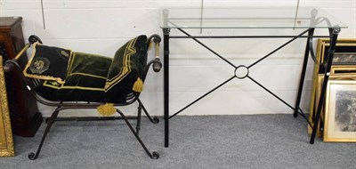 Lot 1327 - A modern glass topped and metal hall table together with a metal seat with cushions