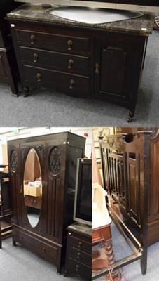 Lot 1338 - An ebonised bed frame; a similar wardrobe and a marble topped chest of drawers (3)