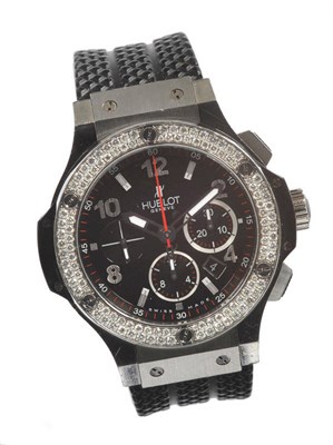 Lot 640 - A Fine Stainless Steel Diamond Set Rubber Automatic Chronograph Wristwatch, signed Hublot,...