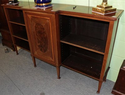 Lot 1400 - Edwardian mahogany and satinwood banded breakfront bookcase, with a single cupboard door, 185cm...