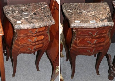 Lot 1442 - A pair of gilt metal mounted and marble top bedside tables of bombe shape