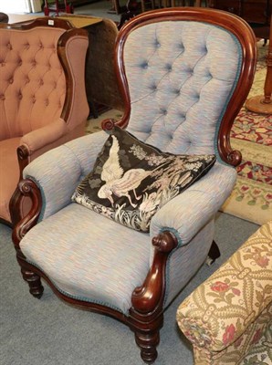 Lot 1463 - Victorian mahogany framed armchair, later recovered with multicoloured fabric