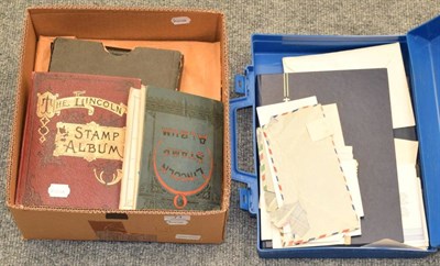 Lot 71 - Box and a Plastic Suitcase with GB, Commonwealth and World - With two old Lincoln albums,...