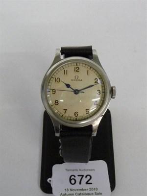 Lot 672 - A Stainless Steel Centre Seconds Wristwatch, signed Omega, circa 1940, 16-jewel lever movement,...