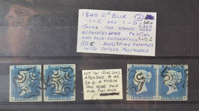 Lot 255 - 1840 2d Blue Pairs - 2 Pairs - One Joined Pair C-A and C-B with 3 very good margins, 4th margin...