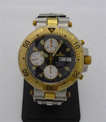 Lot 680 - A Steel and Gold Plated Automatic Calendar Chronograph Wristwatch, signed Burett, circa 2000,...