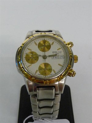 Lot 681 - A Steel and Gold Plated Automatic Calendar Chronograph Wristwatch, signed Byblos, circa 2000,...