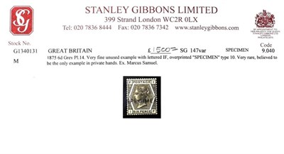 Lot 277 - GB QV 1875 6d Grey Plate 14 - very rare unused specimen with type 10 overprint. Believed (at...
