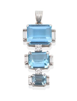 Lot 105 - An Aquamarine and Diamond Pendant, three graduated emerald-cut aquamarines in white claw...