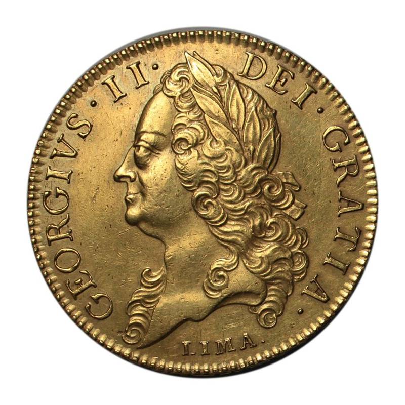Lot 9 - George II (1727-1760), Five Guineas, 1746, old laureate head left, Lima below, rev. crowned...