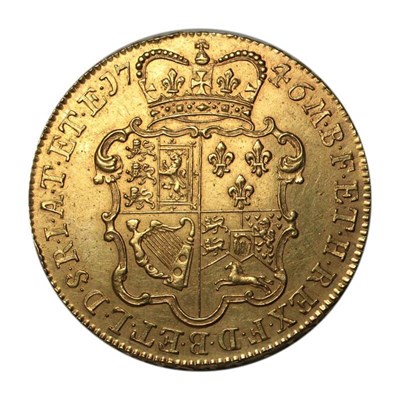 Lot 9 - George II (1727-1760), Five Guineas, 1746, old laureate head left, Lima below, rev. crowned...
