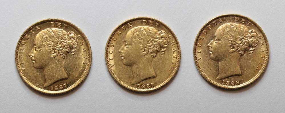 Lot 31 - Victoria (1837-1901), Sovereigns (3), Sydney, young head left, 1883, 1886 and 1887, W.W. in relief
