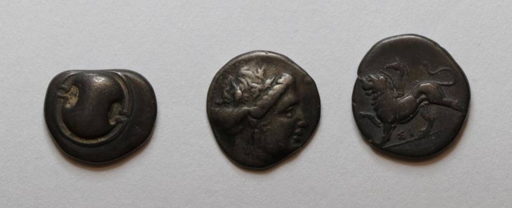 Lot 72 - Thebes, Boeotia, Circa AR Triobol (Hemidrachm), 426-395 BC, Boeotian shield rev. ?E-BH,...