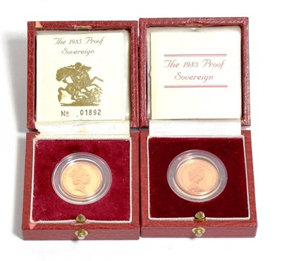 Lot 143 - Elizabeth II (1952-), Proof Sovereigns (2), 1983 and 1985, in Royal Mint cases of issue with...