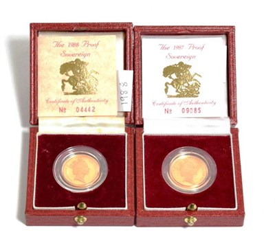 Lot 144 - Elizabeth II (1952-), Proof Sovereigns (2), 1987 and 1988, in Royal Mint cases of issue with...
